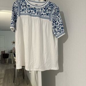 Floral Embroidered White and Blue Women's Top